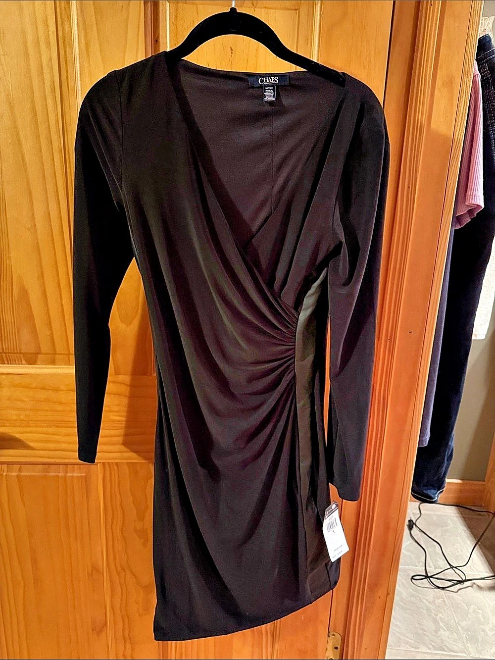 Chaps Black Ruched Long Sleeve Dress NWT